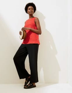 Promo 👍 M&S Collection Tops Pure Linen Button Detail Sleeveless Top 👏 -Women's Holiday Shop Sales SD 01 T52 3913 NK X EC 2