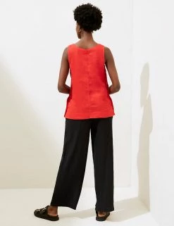 Promo 👍 M&S Collection Tops Pure Linen Button Detail Sleeveless Top 👏 -Women's Holiday Shop Sales SD 01 T52 3913 NK X EC 3