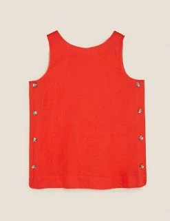 Promo 👍 M&S Collection Tops Pure Linen Button Detail Sleeveless Top 👏 -Women's Holiday Shop Sales SD 01 T52 3913 NK X EC 90