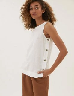 Promo 👍 M&S Collection Tops Pure Linen Button Detail Sleeveless Top 👏 -Women's Holiday Shop Sales SD 01 T52 3913 Z0 X EC 2