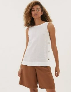 Promo 👍 M&S Collection Tops Pure Linen Button Detail Sleeveless Top 👏 -Women's Holiday Shop Sales SD 01 T52 3913 Z0 X EC 3