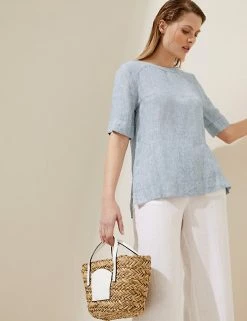 Best deal 😉 M&S Collection 👕 Shirts & Blouses Pure Linen Round Neck Short Sleeve Top 🌟