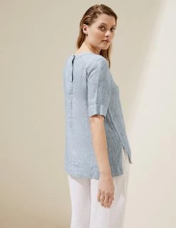 Best deal 😉 M&S Collection 👕 Shirts & Blouses Pure Linen Round Neck Short Sleeve Top 🌟 -Women's Holiday Shop Sales SD 01 T52 3916 F4 X EC 3