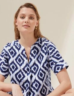Outlet 👏 M&S Collection 👕 Shirts & Blouses Pure Linen Printed Short Sleeve Blouse 👍 -Women's Holiday Shop Sales SD 01 T52 3918 E4 X EC 2