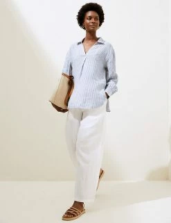 Cheap 🌟 M&S Collection 👕 Shirts & Blouses Pure Linen Striped Long Sleeve Blouse 🎁 -Women's Holiday Shop Sales SD 01 T52 3920 DI X EC 0