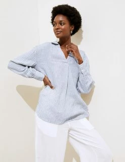 Cheap 🌟 M&S Collection 👕 Shirts & Blouses Pure Linen Striped Long Sleeve Blouse 🎁 -Women's Holiday Shop Sales SD 01 T52 3920 DI X EC 1