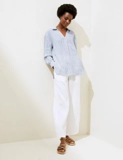 Cheap 🌟 M&S Collection 👕 Shirts & Blouses Pure Linen Striped Long Sleeve Blouse 🎁 -Women's Holiday Shop Sales SD 01 T52 3920 DI X EC 2