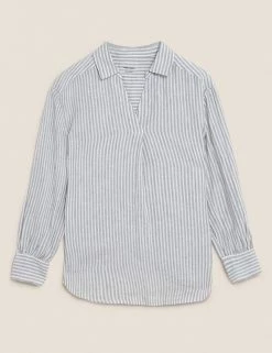 Cheap 🌟 M&S Collection 👕 Shirts & Blouses Pure Linen Striped Long Sleeve Blouse 🎁 -Women's Holiday Shop Sales SD 01 T52 3920 DI X EC 90