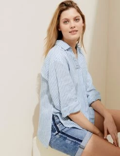 Cheap 🌟 M&S Collection 👕 Shirts & Blouses Pure Linen Striped Long Sleeve Blouse 🎁