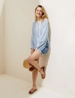 Cheap 🌟 M&S Collection 👕 Shirts & Blouses Pure Linen Striped Long Sleeve Blouse 🎁 -Women's Holiday Shop Sales SD 01 T52 3920 IL X EC 1