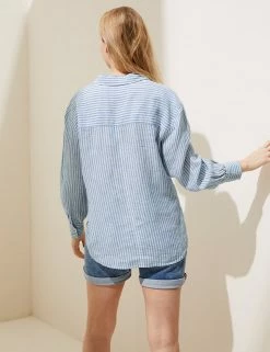 Cheap 🌟 M&S Collection 👕 Shirts & Blouses Pure Linen Striped Long Sleeve Blouse 🎁 -Women's Holiday Shop Sales SD 01 T52 3920 IL X EC 2