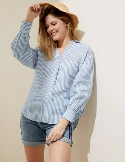 Cheap 🌟 M&S Collection 👕 Shirts & Blouses Pure Linen Striped Long Sleeve Blouse 🎁 -Women's Holiday Shop Sales SD 01 T52 3920 IL X EC 3