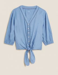 Budget 🎉 M&S Collection 👕 Shirts & Blouses Pure Linen Tie Front 3/4 Sleeve Blouse ⭐
