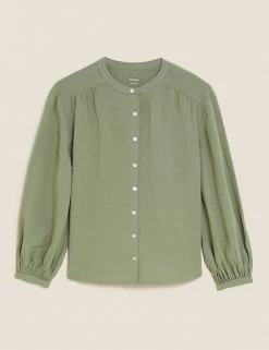 Buy 😉 M&S Collection 👕 Shirts & Blouses Linen Blend Collarless Long Sleeve Blouse 🧨