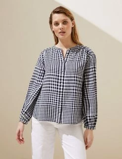 Best deal 🌟 M&S Collection 👚 Shirts & Blouses Linen Blend Checked Long Sleeve Blouse 🔥