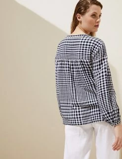Best deal 🌟 M&S Collection 👚 Shirts & Blouses Linen Blend Checked Long Sleeve Blouse 🔥 -Women's Holiday Shop Sales SD 01 T52 3925 F4 X EC 2
