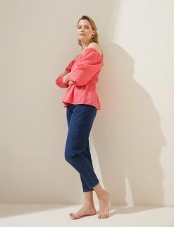 Discount 🥰 M&S Collection Women Pure Linen Shirred Square Neck Top 🥰 -Women's Holiday Shop Sales SD 01 T52 3930 GM X EC 0