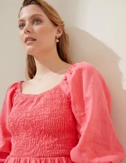 Discount 🥰 M&S Collection Women Pure Linen Shirred Square Neck Top 🥰 -Women's Holiday Shop Sales SD 01 T52 3930 GM X EC 1