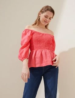 Discount 🥰 M&S Collection Women Pure Linen Shirred Square Neck Top 🥰 -Women's Holiday Shop Sales SD 01 T52 3930 GM X EC 2