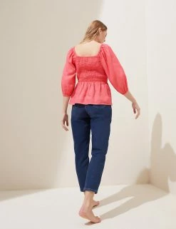 Discount 🥰 M&S Collection Women Pure Linen Shirred Square Neck Top 🥰 -Women's Holiday Shop Sales SD 01 T52 3930 GM X EC 3