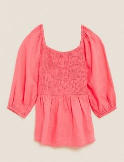 Discount 🥰 M&S Collection Women Pure Linen Shirred Square Neck Top 🥰 -Women's Holiday Shop Sales SD 01 T52 3930 GM X EC 90