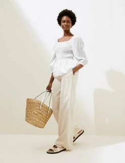 Discount 🥰 M&S Collection Women Pure Linen Shirred Square Neck Top 🥰 -Women's Holiday Shop Sales SD 01 T52 3930 Z0 X EC 1