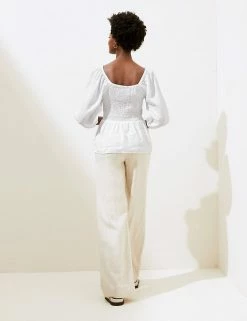 Discount 🥰 M&S Collection Women Pure Linen Shirred Square Neck Top 🥰 -Women's Holiday Shop Sales SD 01 T52 3930 Z0 X EC 2