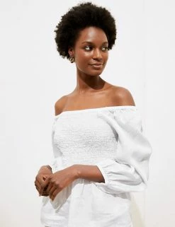 Discount 🥰 M&S Collection Women Pure Linen Shirred Square Neck Top 🥰 -Women's Holiday Shop Sales SD 01 T52 3930 Z0 X EC 3