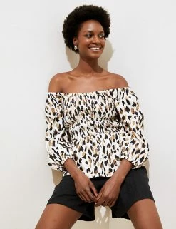 Discount 🤩 M&S Collection 👚 Shirts & Blouses Pure Linen Animal Print 3/4 Sleeve Blouse 🎁 -Women's Holiday Shop Sales SD 01 T52 3931 Y4 X EC 1