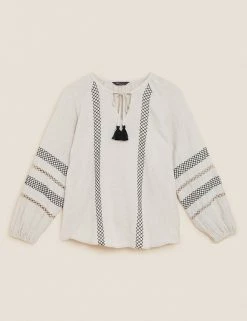 Promo 😉 M&S Collection 👚 Shirts & Blouses Pure Linen Embroidered Tie Neck Blouse 🎉 -Women's Holiday Shop Sales SD 01 T52 3932 EK X EC 90