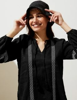 Promo 😉 M&S Collection 👚 Shirts & Blouses Pure Linen Embroidered Tie Neck Blouse 🎉 -Women's Holiday Shop Sales SD 01 T52 3932 Y0 X EC 2