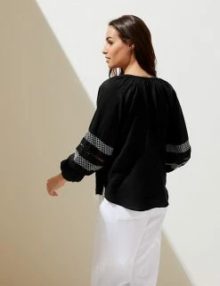 Promo 😉 M&S Collection 👚 Shirts & Blouses Pure Linen Embroidered Tie Neck Blouse 🎉 -Women's Holiday Shop Sales SD 01 T52 3932 Y0 X EC 3