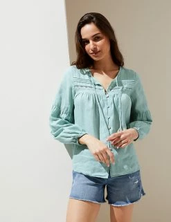 Deals ๐งจ M&S Collection ๐ Shirts & Blouses Pure Linen Tie Neck 3/4 Sleeve Blouse โ
