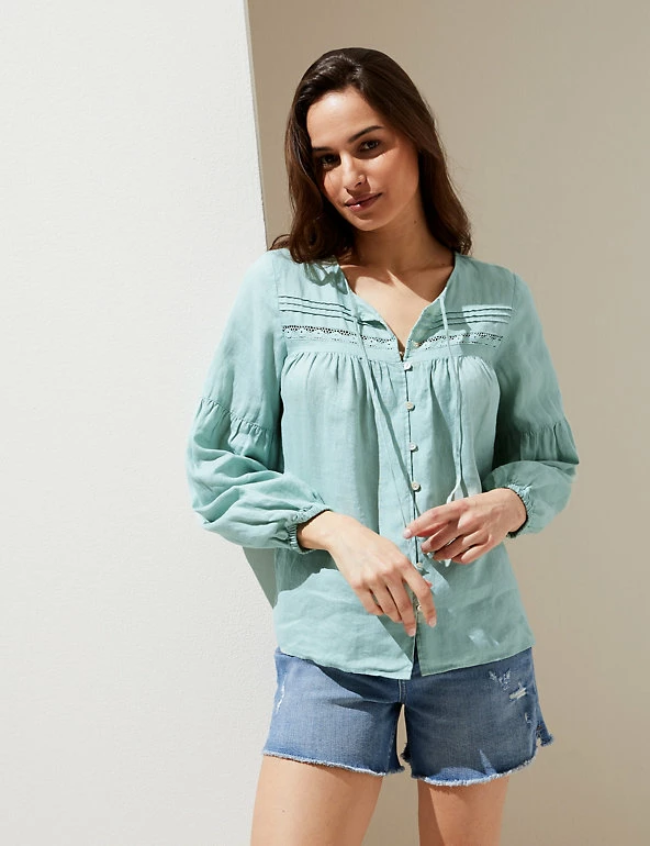 Deals ๐งจ M&S Collection ๐ Shirts & Blouses Pure Linen Tie Neck 3/4 Sleeve Blouse โ 1 Deals ๐งจ M&S Collection ๐ Shirts & Blouses Pure Linen Tie Neck 3/4 Sleeve Blouse โ