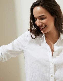 Deals 🔥 M&S Collection 👚 Shirts & Blouses Pure Linen Long Sleeve 👚 Shirt 🛒 -Women's Holiday Shop Sales SD 01 T52 3961 Z0 X EC 3