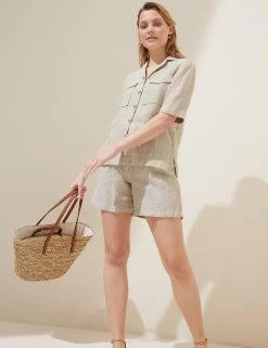 New 🎉 M&S Collection 👕 Shirts & Blouses Pure Linen Utility Short Sleeve 👕 Shirt 😀 -Women's Holiday Shop Sales SD 01 T52 3982 NU X EC 0