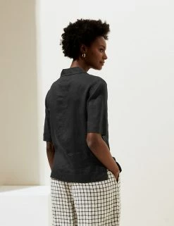 New 🎉 M&S Collection 👕 Shirts & Blouses Pure Linen Utility Short Sleeve 👕 Shirt 😀 -Women's Holiday Shop Sales SD 01 T52 3982 Y0 X EC 3