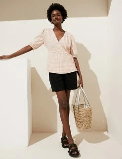 Promo ❤️ M&S Collection 👕 Shirts & Blouses Linen Rich Checked Short Sleeve Blouse 👏 -Women's Holiday Shop Sales SD 01 T52 3986 Z4 X EC 1