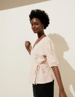 Promo ❤️ M&S Collection 👕 Shirts & Blouses Linen Rich Checked Short Sleeve Blouse 👏 -Women's Holiday Shop Sales SD 01 T52 3986 Z4 X EC 2