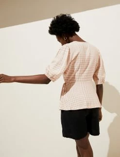 Promo ❤️ M&S Collection 👕 Shirts & Blouses Linen Rich Checked Short Sleeve Blouse 👏 -Women's Holiday Shop Sales SD 01 T52 3986 Z4 X EC 3