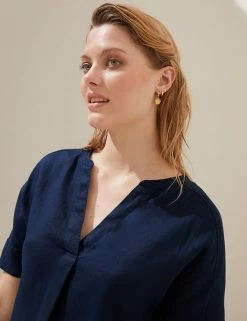 Cheap 🧨 M&S Collection 👚 Shirts & Blouses Pure Linen Short Sleeve Popover Blouse 🔥 -Women's Holiday Shop Sales SD 01 T52 3990 F0 X EC 1