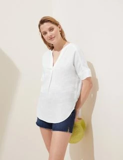 Cheap 🧨 M&S Collection 👚 Shirts & Blouses Pure Linen Short Sleeve Popover Blouse 🔥 -Women's Holiday Shop Sales SD 01 T52 3990 Z0 X EC 1