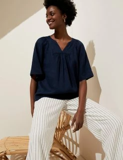 Hot Sale 🌟 M&S Collection 👚 Shirts & Blouses Pure Linen V-Neck Short Sleeve Blouse 💯 -Women's Holiday Shop Sales SD 01 T52 3996 F0 X EC 0