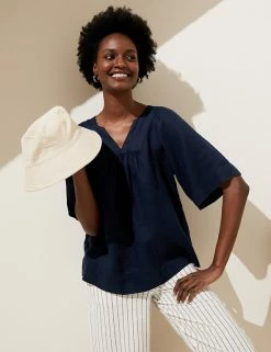 Hot Sale 🌟 M&S Collection 👚 Shirts & Blouses Pure Linen V-Neck Short Sleeve Blouse 💯 -Women's Holiday Shop Sales SD 01 T52 3996 F0 X EC 1