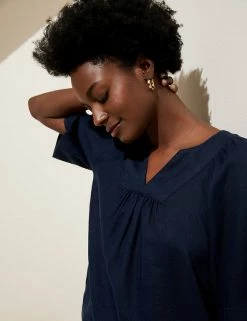 Hot Sale 🌟 M&S Collection 👚 Shirts & Blouses Pure Linen V-Neck Short Sleeve Blouse 💯 -Women's Holiday Shop Sales SD 01 T52 3996 F0 X EC 2