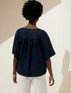 Hot Sale 🌟 M&S Collection 👚 Shirts & Blouses Pure Linen V-Neck Short Sleeve Blouse 💯 -Women's Holiday Shop Sales SD 01 T52 3996 F0 X EC 3