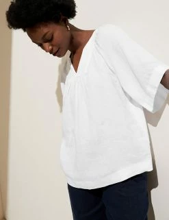 Hot Sale 🌟 M&S Collection 👚 Shirts & Blouses Pure Linen V-Neck Short Sleeve Blouse 💯