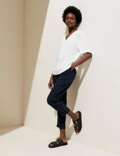 Hot Sale 🌟 M&S Collection 👚 Shirts & Blouses Pure Linen V-Neck Short Sleeve Blouse 💯 -Women's Holiday Shop Sales SD 01 T52 3996 Z0 X EC 1