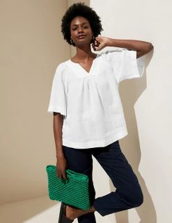 Hot Sale 🌟 M&S Collection 👚 Shirts & Blouses Pure Linen V-Neck Short Sleeve Blouse 💯 -Women's Holiday Shop Sales SD 01 T52 3996 Z0 X EC 2