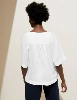 Hot Sale 🌟 M&S Collection 👚 Shirts & Blouses Pure Linen V-Neck Short Sleeve Blouse 💯 -Women's Holiday Shop Sales SD 01 T52 3996 Z0 X EC 3